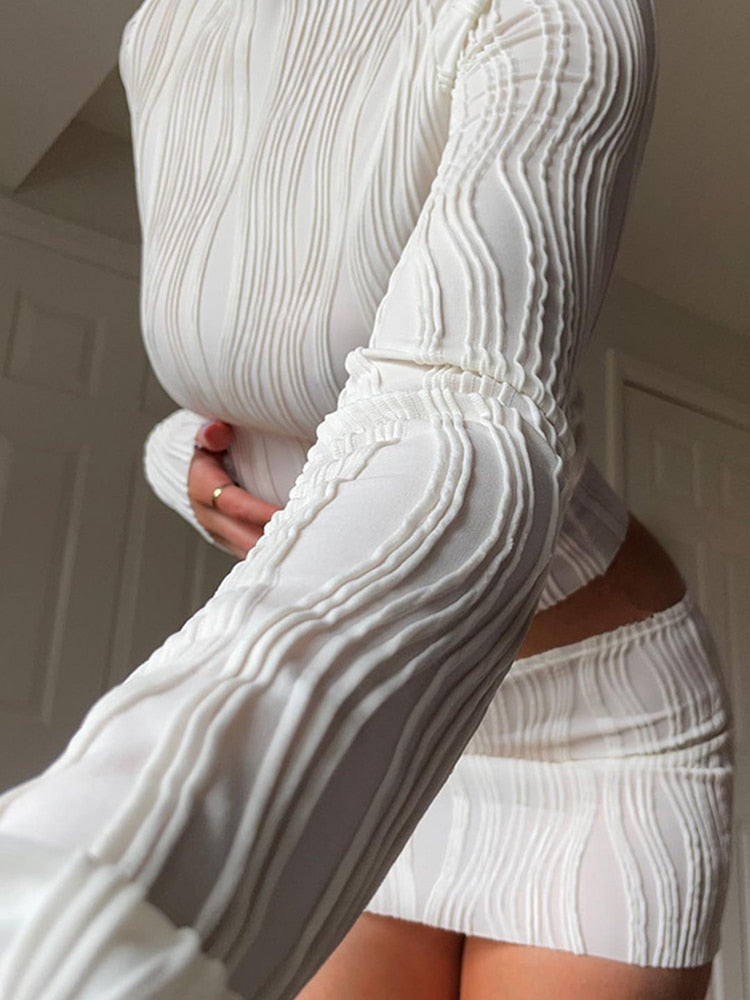 Rippled Long Sleeve White Tops