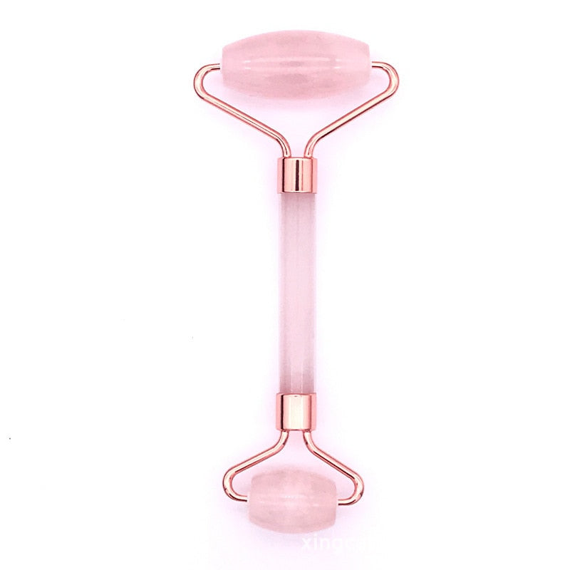 Pink Rose Quartz Jade Massager Roller Scraper Set