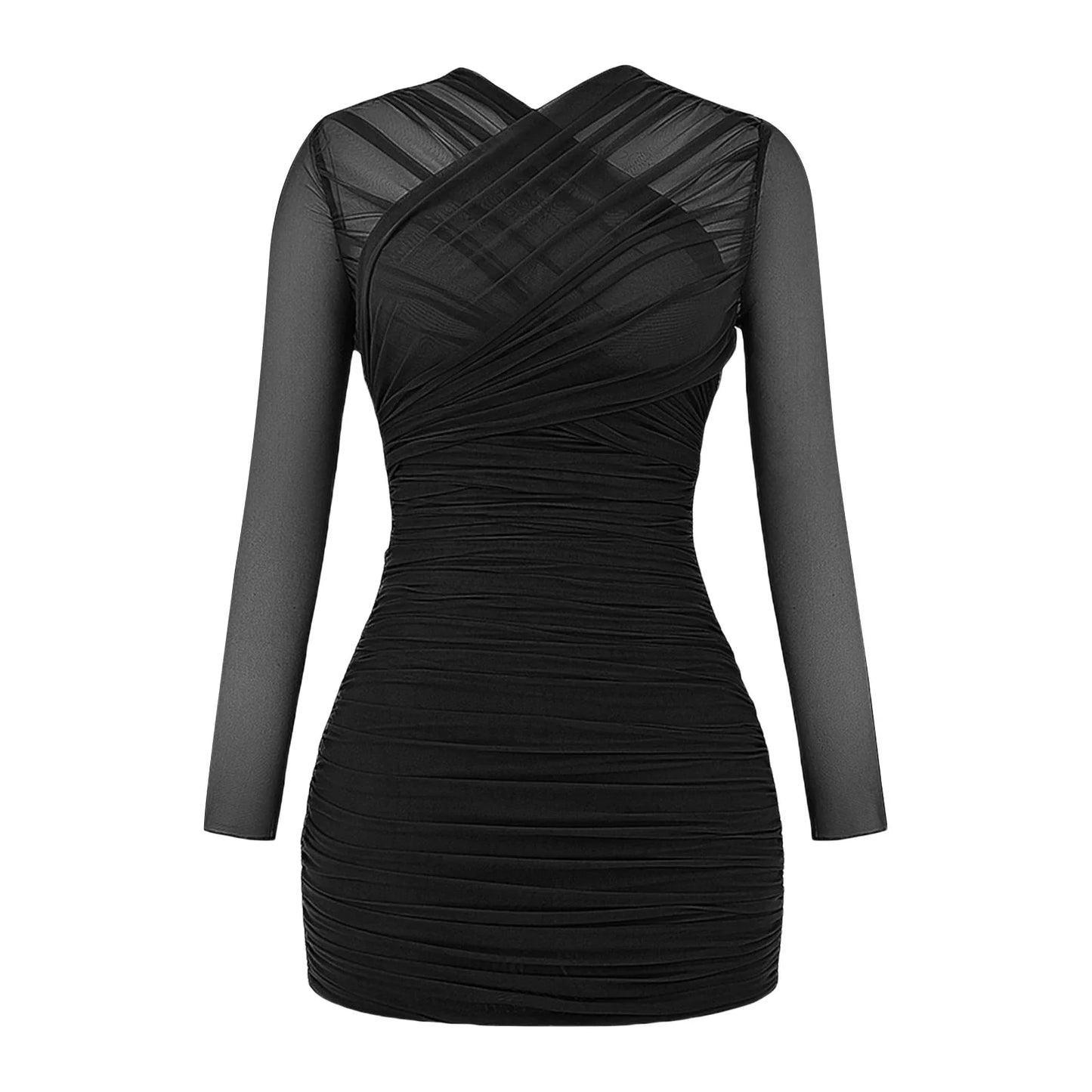 Ruched Mesh Long Sleeve Wrap Front Bodycon Dress