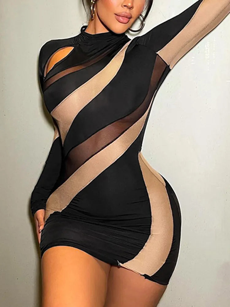 Mini Bodycon Mesh Stripe Insert Cutout Dress