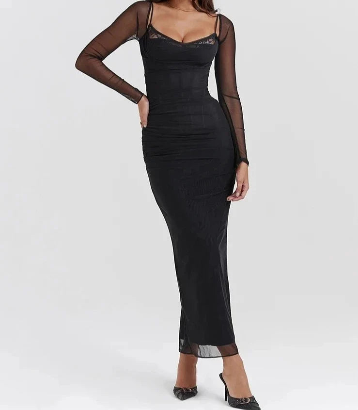 Elegant Sheer Long Sleeve Bustier Maxi Dress