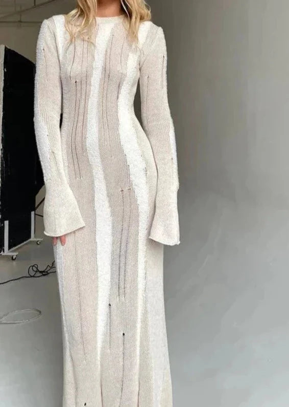 Frayed Knit Sheer Long Sleeve Maxi Dress