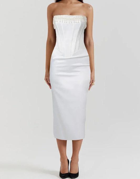 Luxe White Beading Satin Bodycon Dress