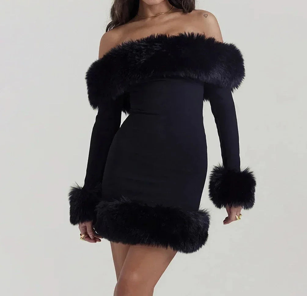 Elegant Fur Off The Shoulder Mini Dress