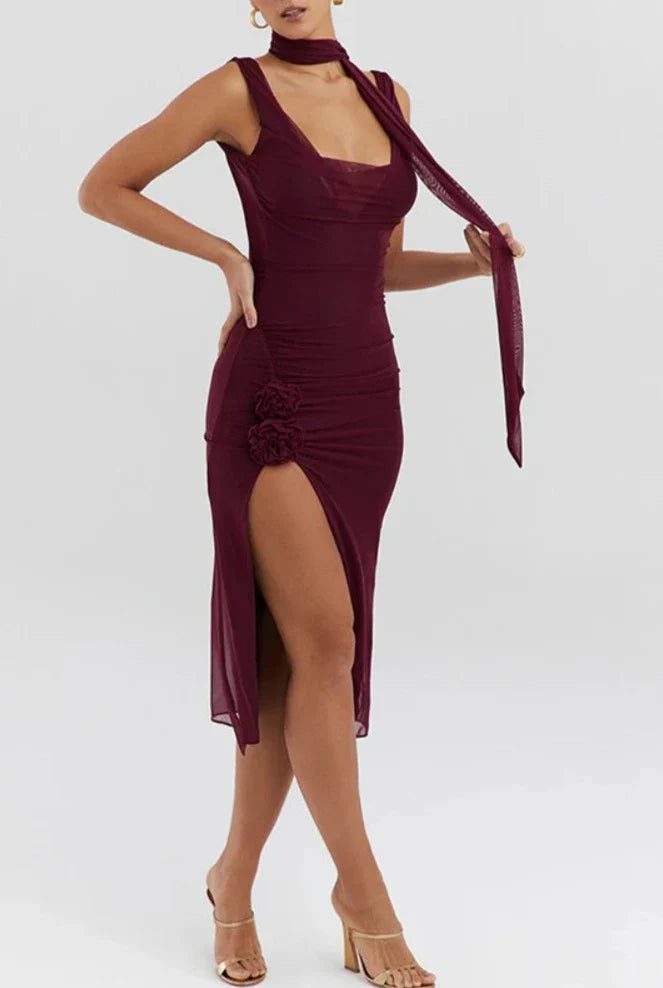 Sleeveless Backless Mesh Tie Neck Slit Midi Dress