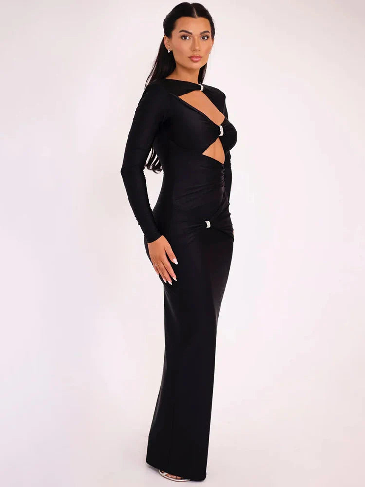 Elegant Hollow Cut Out Long Sleeve Maxi Dress