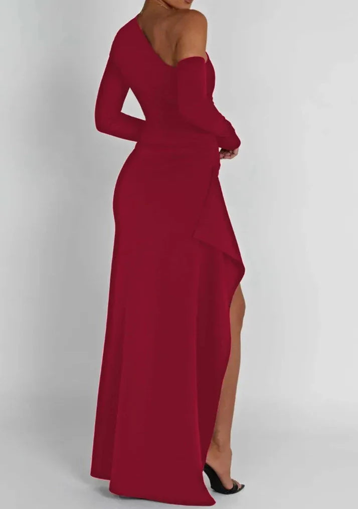 Luxe Oblique Shoulder Thigh High Split Maxi Dress