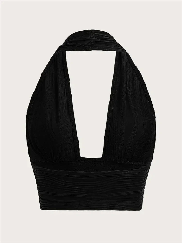 Y2K Backless Black Crop Halter Top