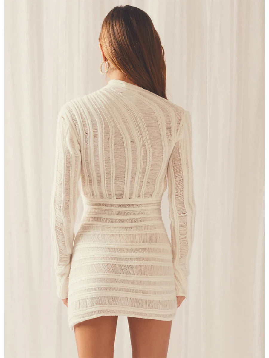 Asymmetric Cut Out Long Sleeve Knitted Mini BodyconDress