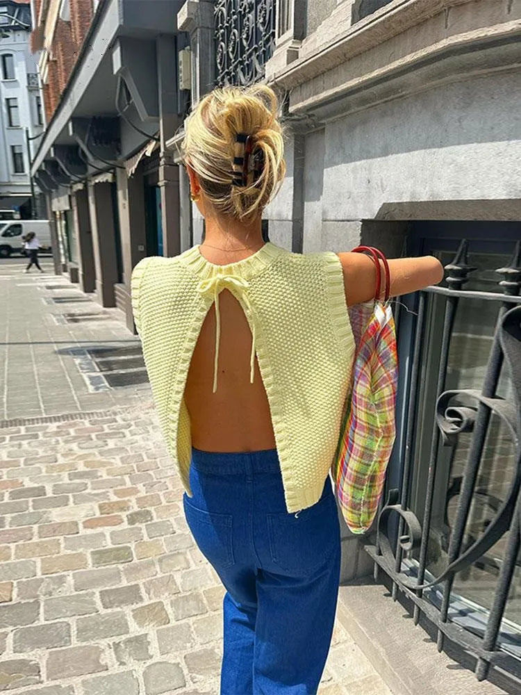 Yellow Lace Up Spring Sleeveless Backless Knit Top