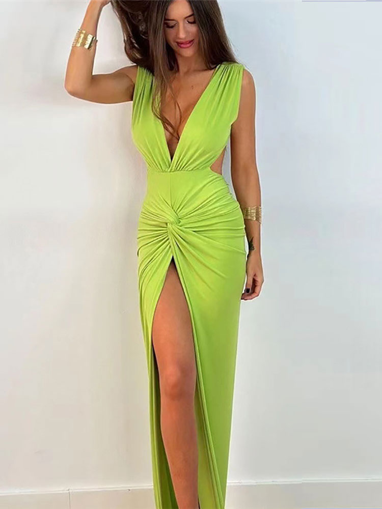 7Summer Ruched Backless V Slit Women Bodycon Maxi Dress