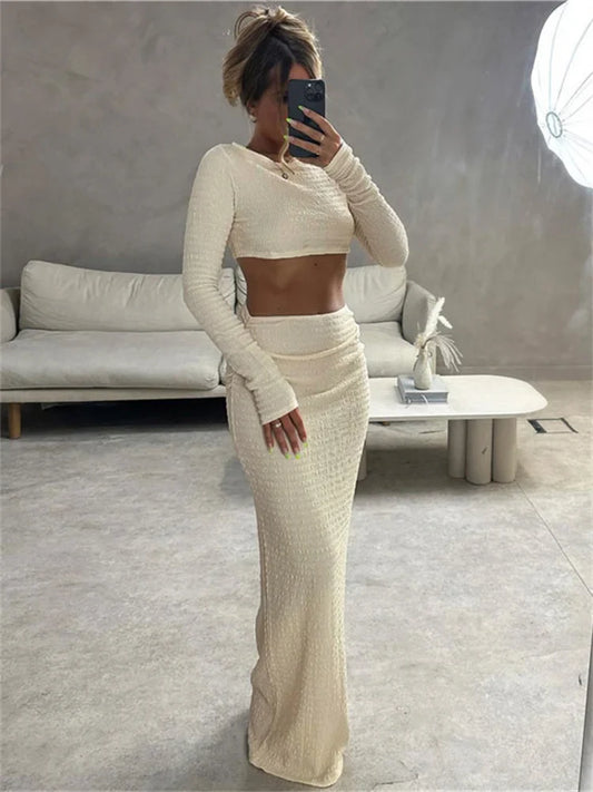 Two Piece Set Long Sleeve Crop top And Maxi Skirt Outfit