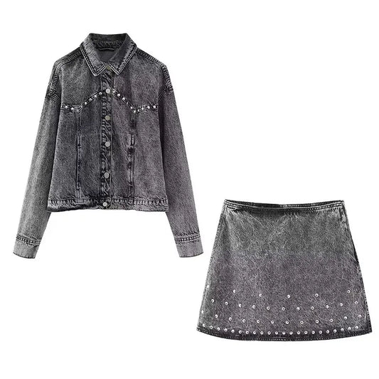 Chic Stonewashed Denim Jacket And Skirt Set