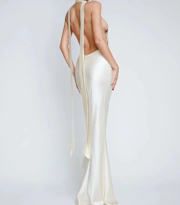 Deep Plunge Satin Backless Maxi Evening Dress