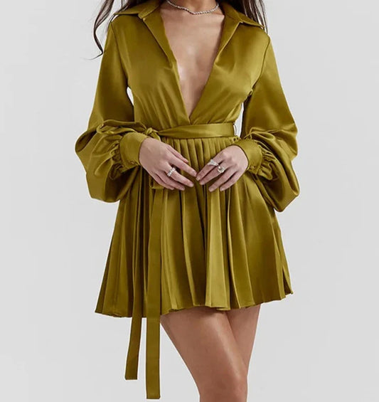 Satin Pleated Olive Shirt Dress