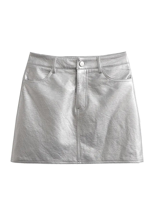 Front Pockets Faux Silver Leather Mini Skirt