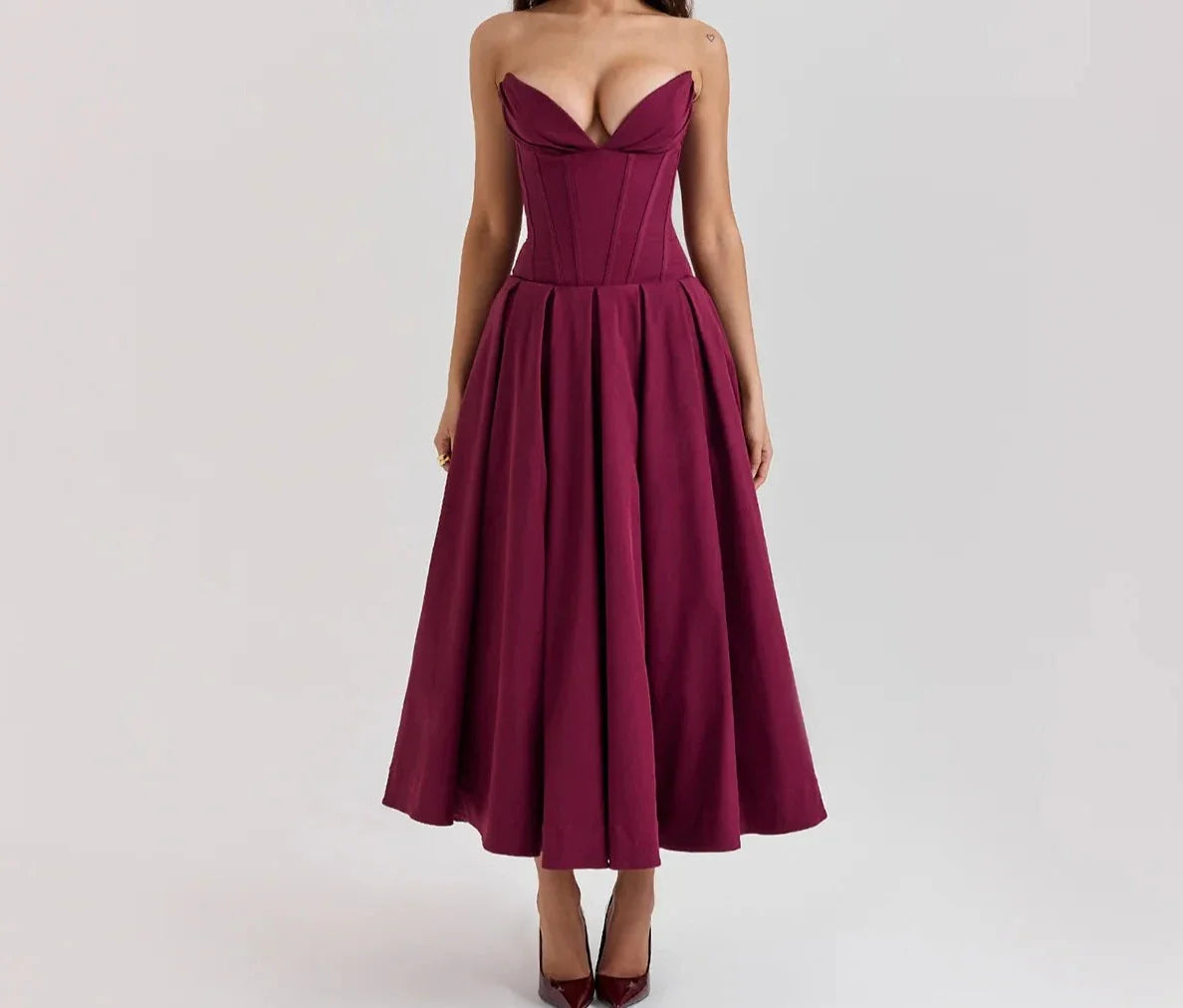 Luxe V Neck Strapless Pleated Dress