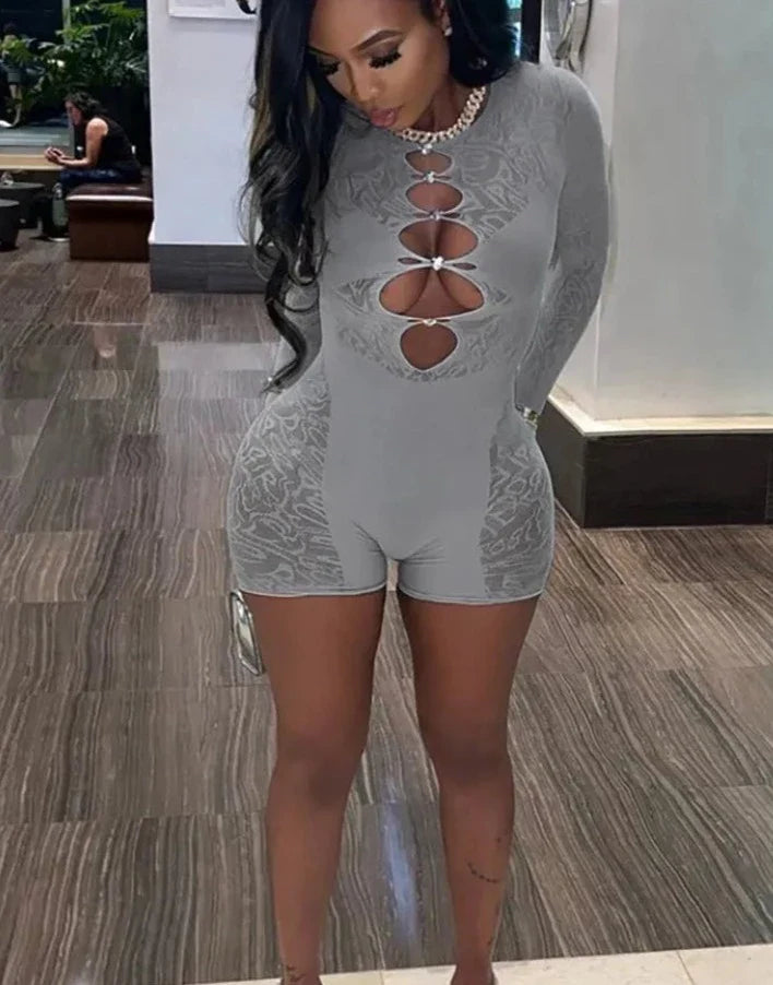 Mesh Hollow Out Diamond Detail Romper