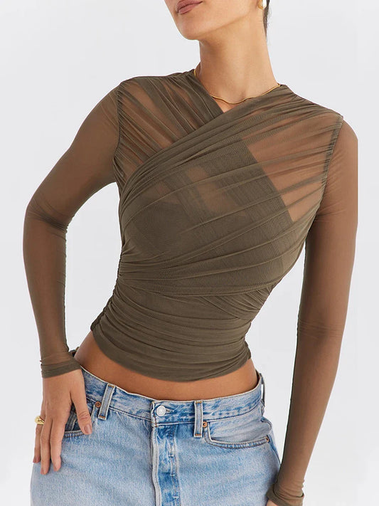 Sheer Mesh V Neck Long Sleeve Top