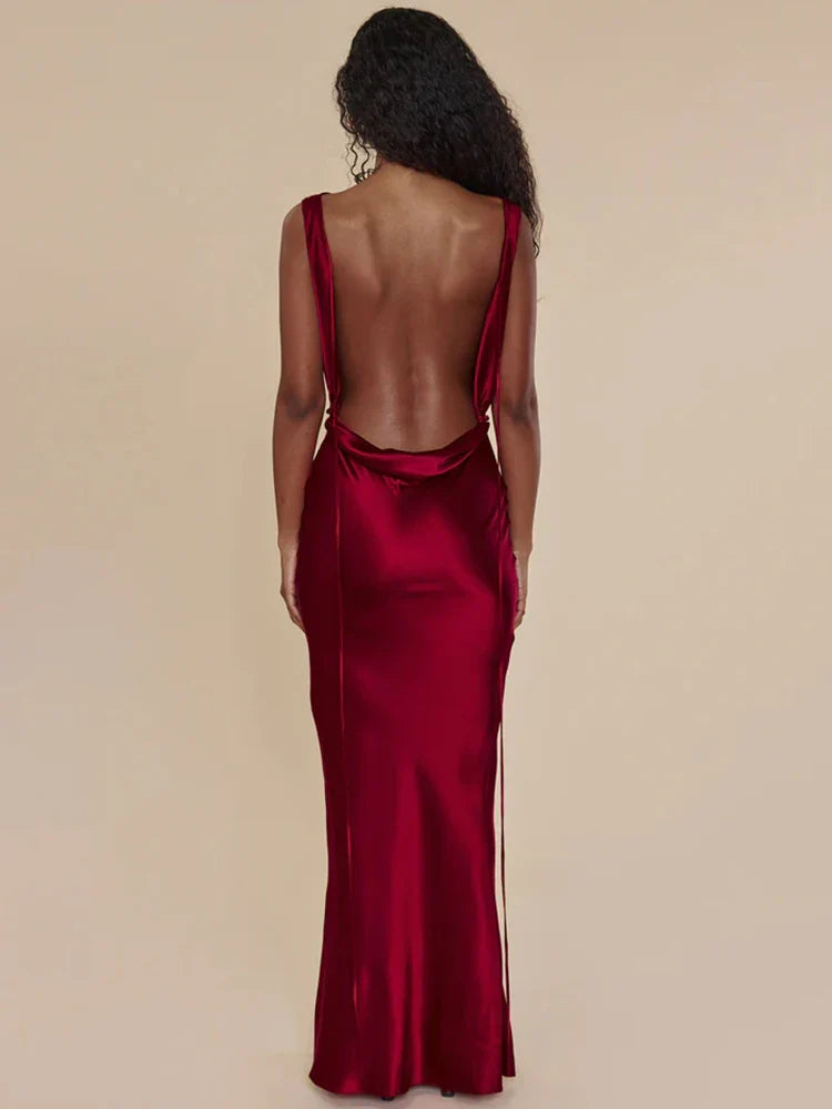 Luxe Plunging Back Cowl Lace Up Satin Silk Maxi Dress