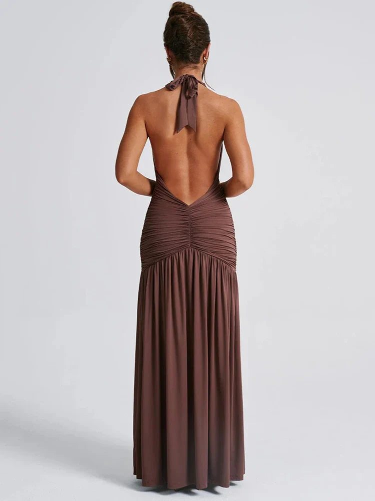 Halter Plunge Neck Backless Thigh Split Maxi Dress