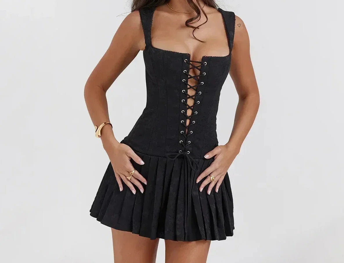 Luxe Lace Up Vintage Embroidery A Line Pleated Mini Dress