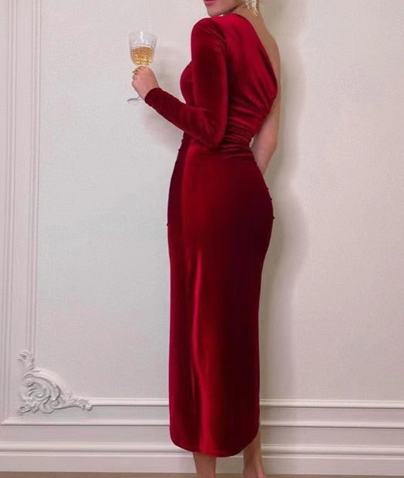 One Shoulder Ruched Slit Velvet Midi Dress