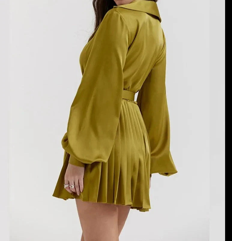 Satin Pleated Olive Shirt Dress