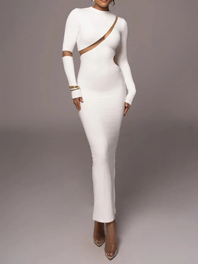 Long Sleeve Mesh Insert Bodycon Maxi Dress