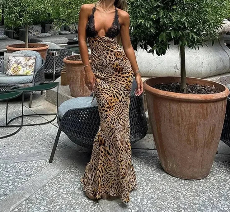 Lace And Leopard Print Maxi Dress