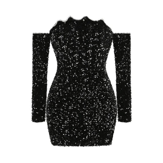 Luxe Black Long Sleeve Sequin Off Shoulder Mini Dress