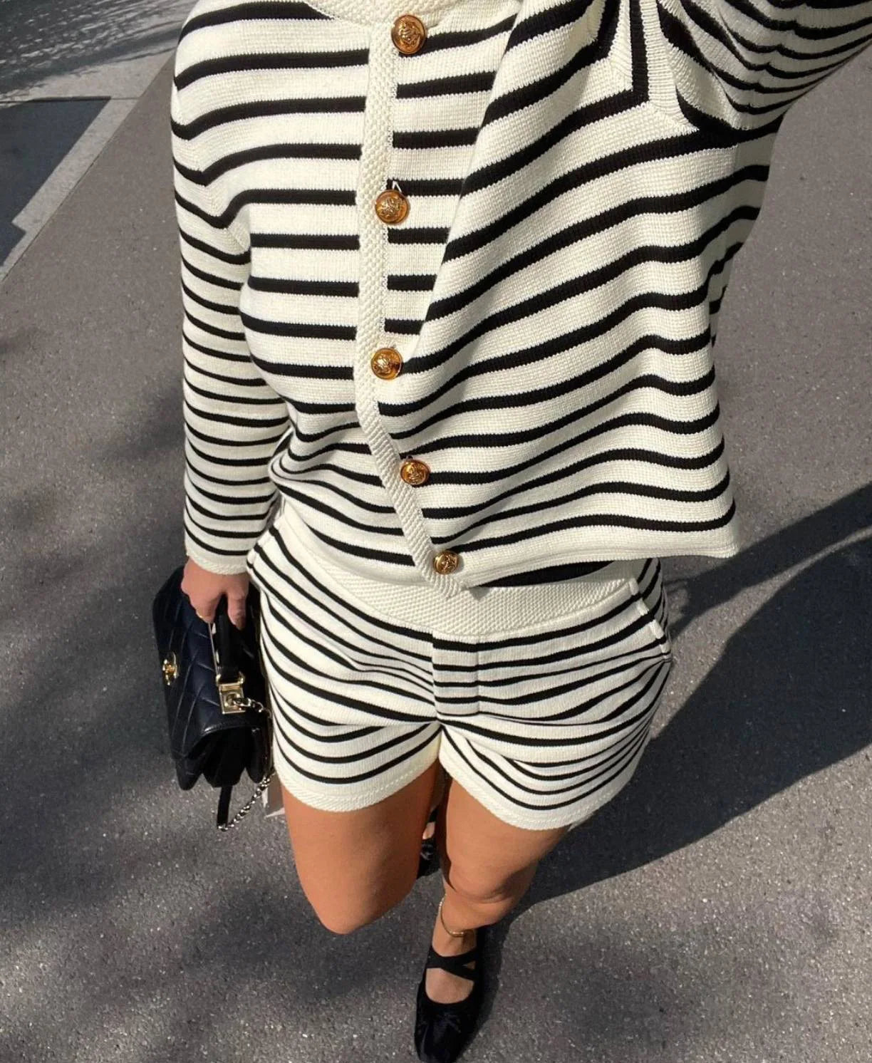 Striped Knit Cardigan & Shorts Two Piece Set