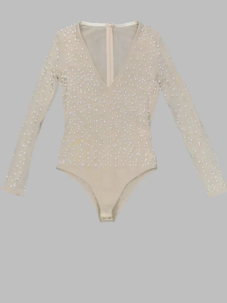 Luxe V Plunge Neck Beading Mesh Bodysuit