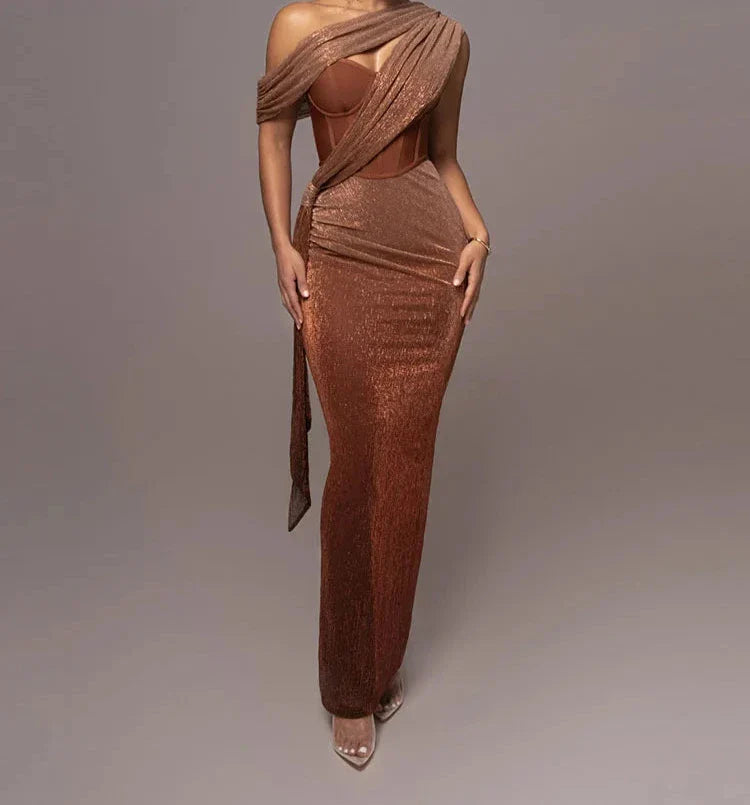 Luxe One Shoulder Draped Sparkle Maxi Corset Dress