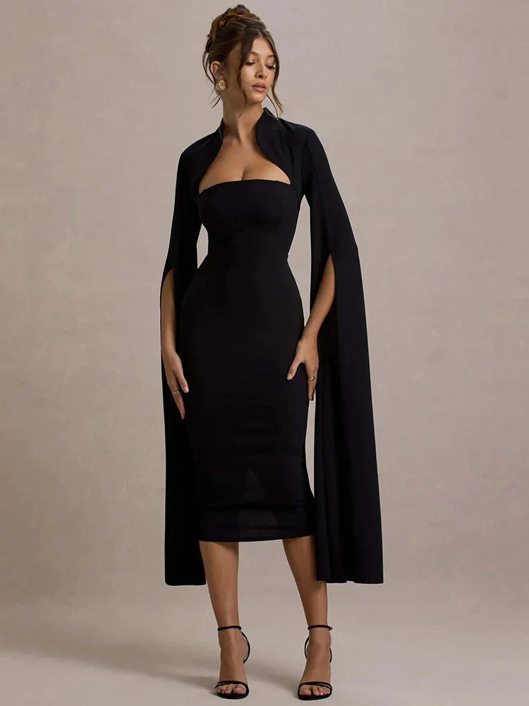 Long Sleeve Cape Midi Dress