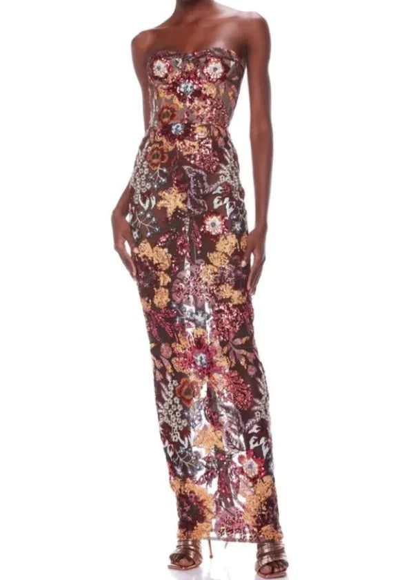 Luxe Strapless Handmade Floral Sequin Maxi Gown Dress