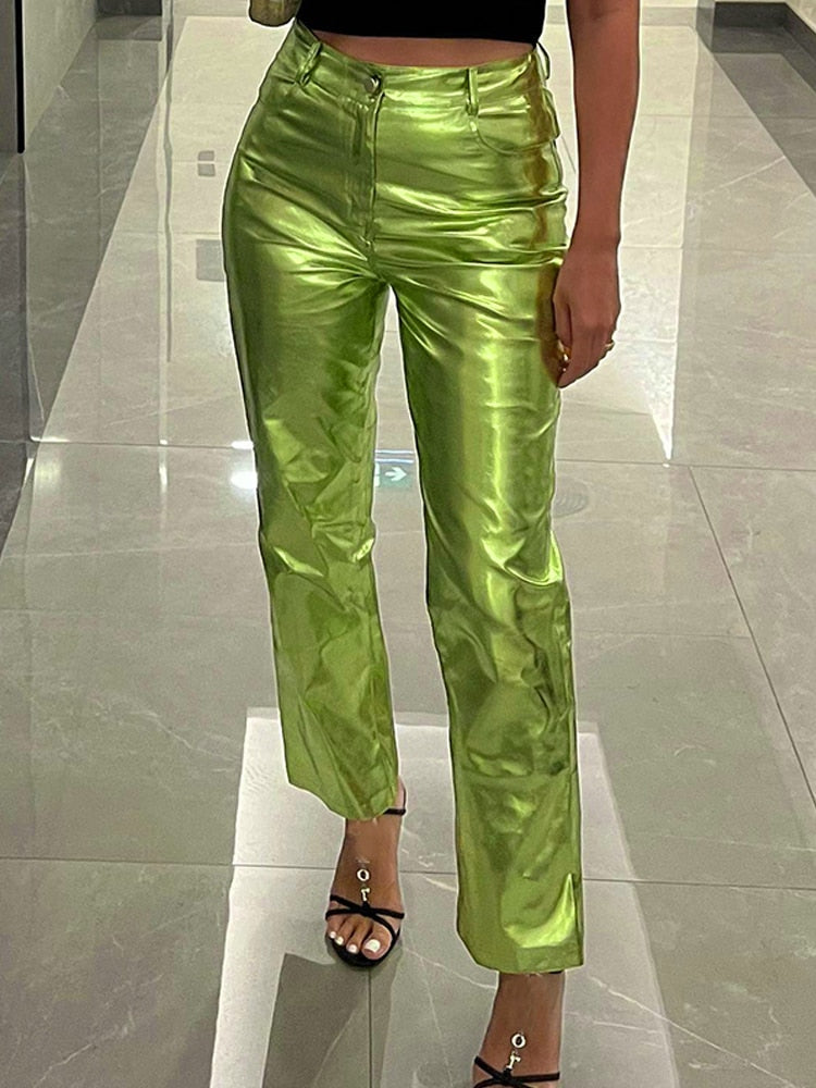 Metallic Straight Leg High Waist Trousers