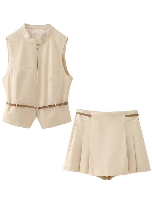 Belted Wide Pleated Skort Set