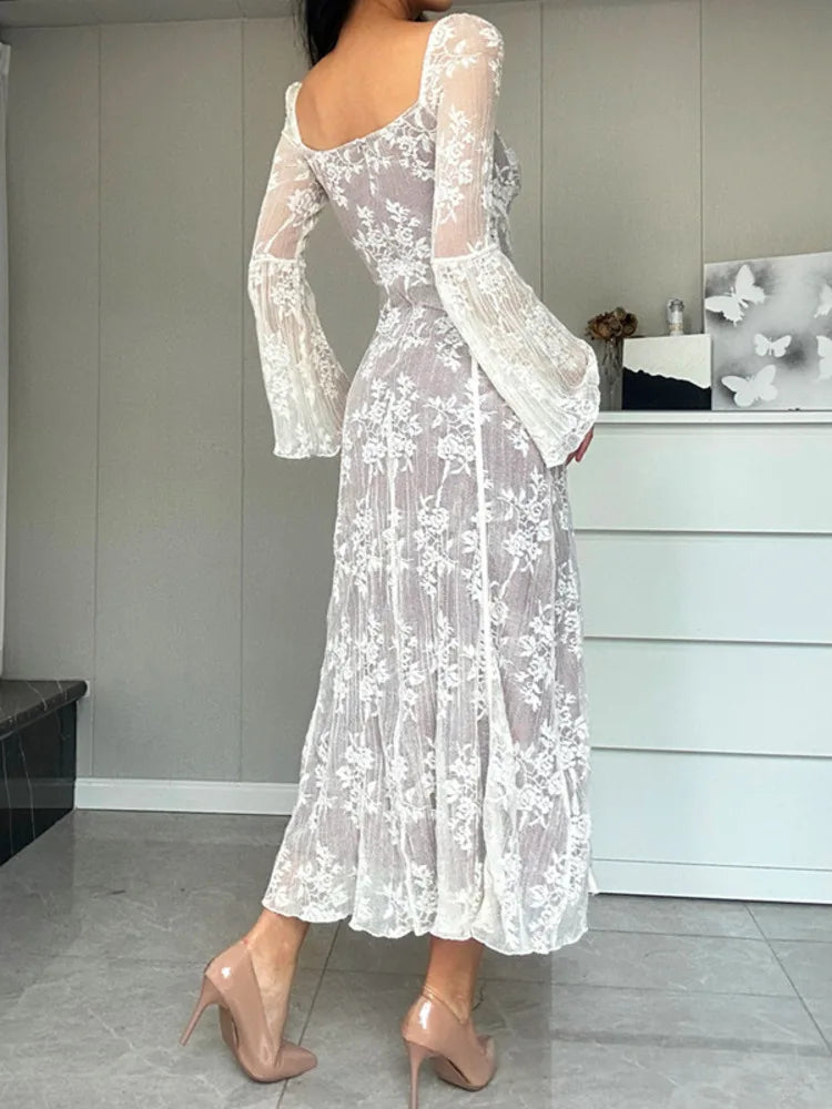 Luxe Vintage Square Collar Lace Long Sleeve Maxi Dress