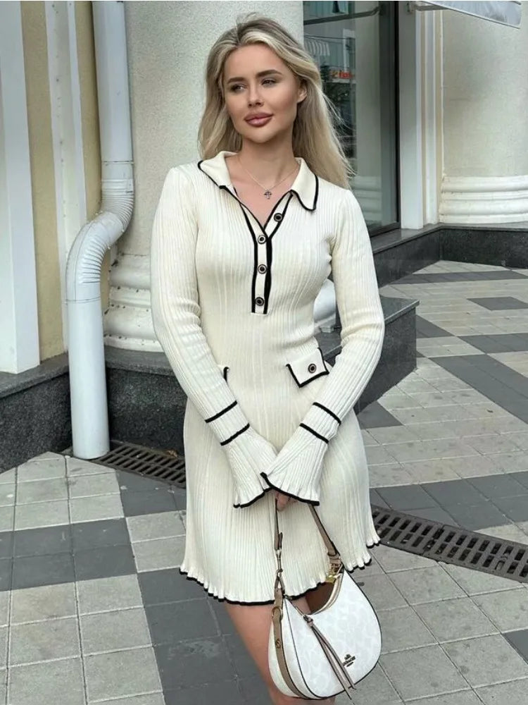 Ruffled Knit Ribbed Long Sleeve Midi Dress