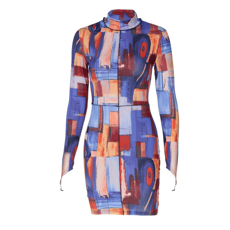 Abstract High Neck Bodycon Print Long Sleeve Mini Dress