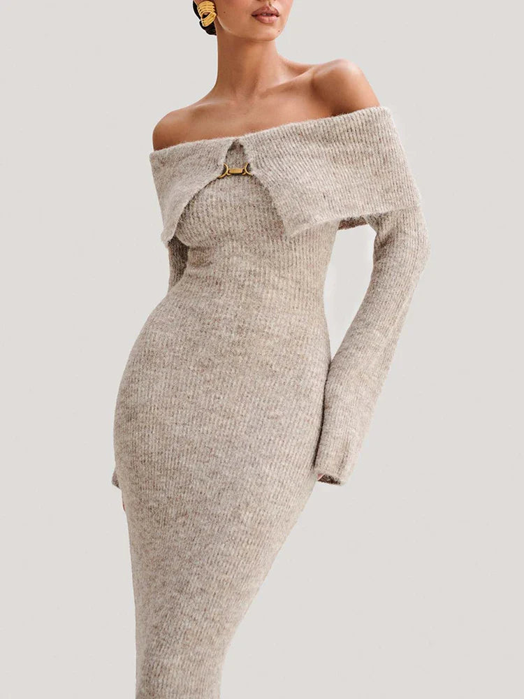 Elegant Knitted Lapel Off Shoulder Maxi Dress