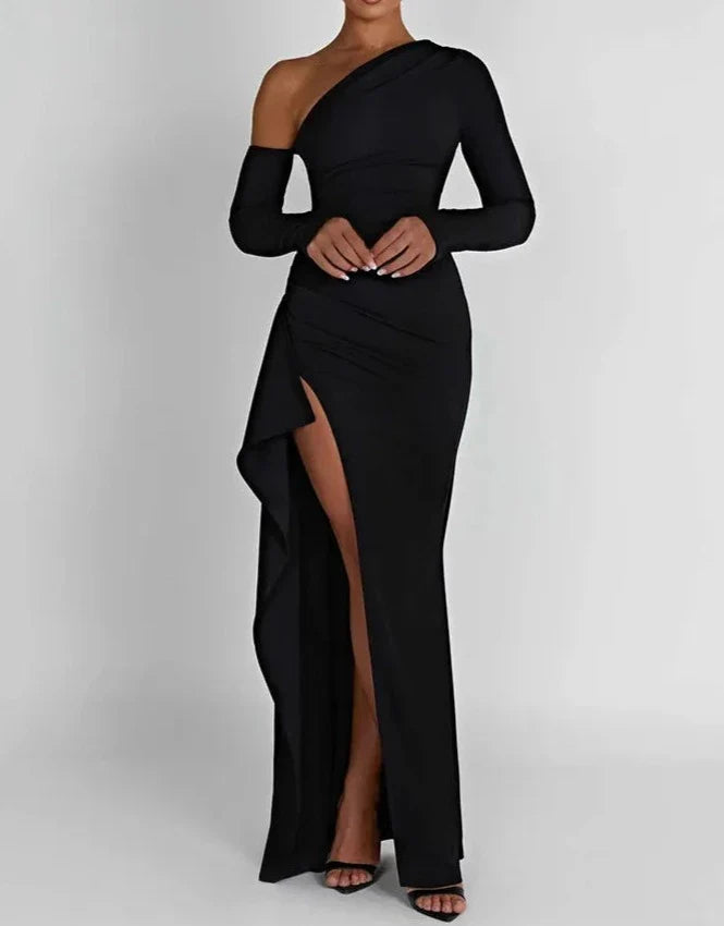 Luxe Oblique Shoulder Thigh High Split Maxi Dress