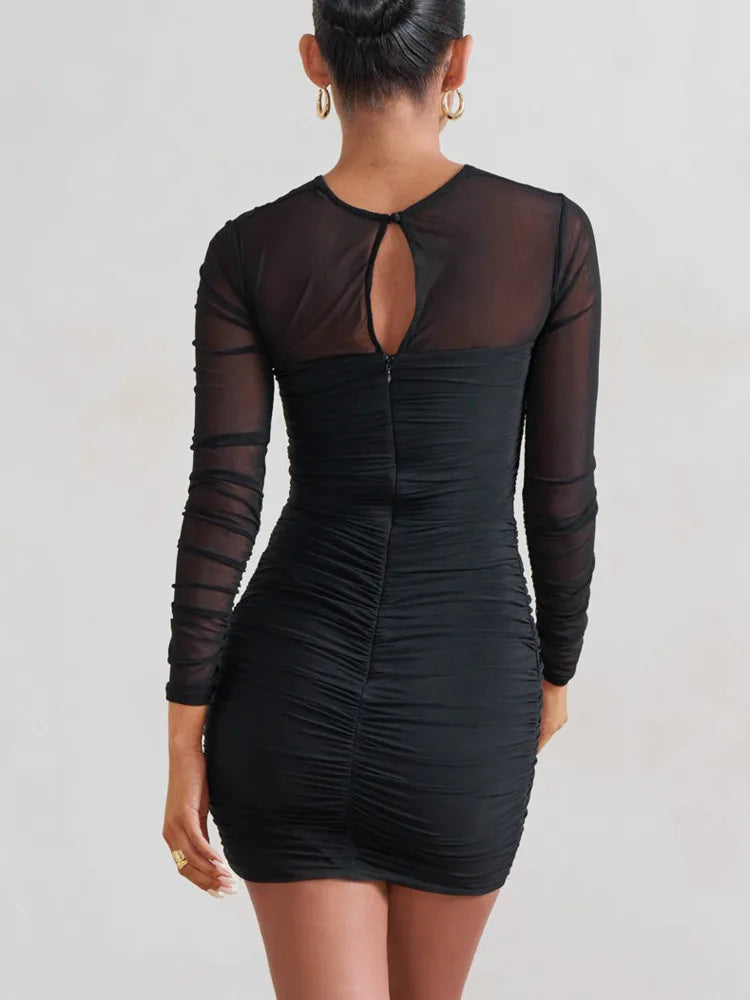 Ruched Mesh Sheer Long Sleeve Bodycon Dress