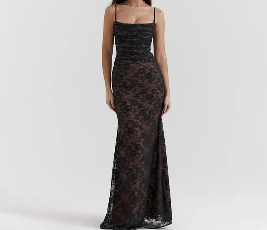 Long Lace Maxi Black Lace Up Elegant Two Piece Event Dress