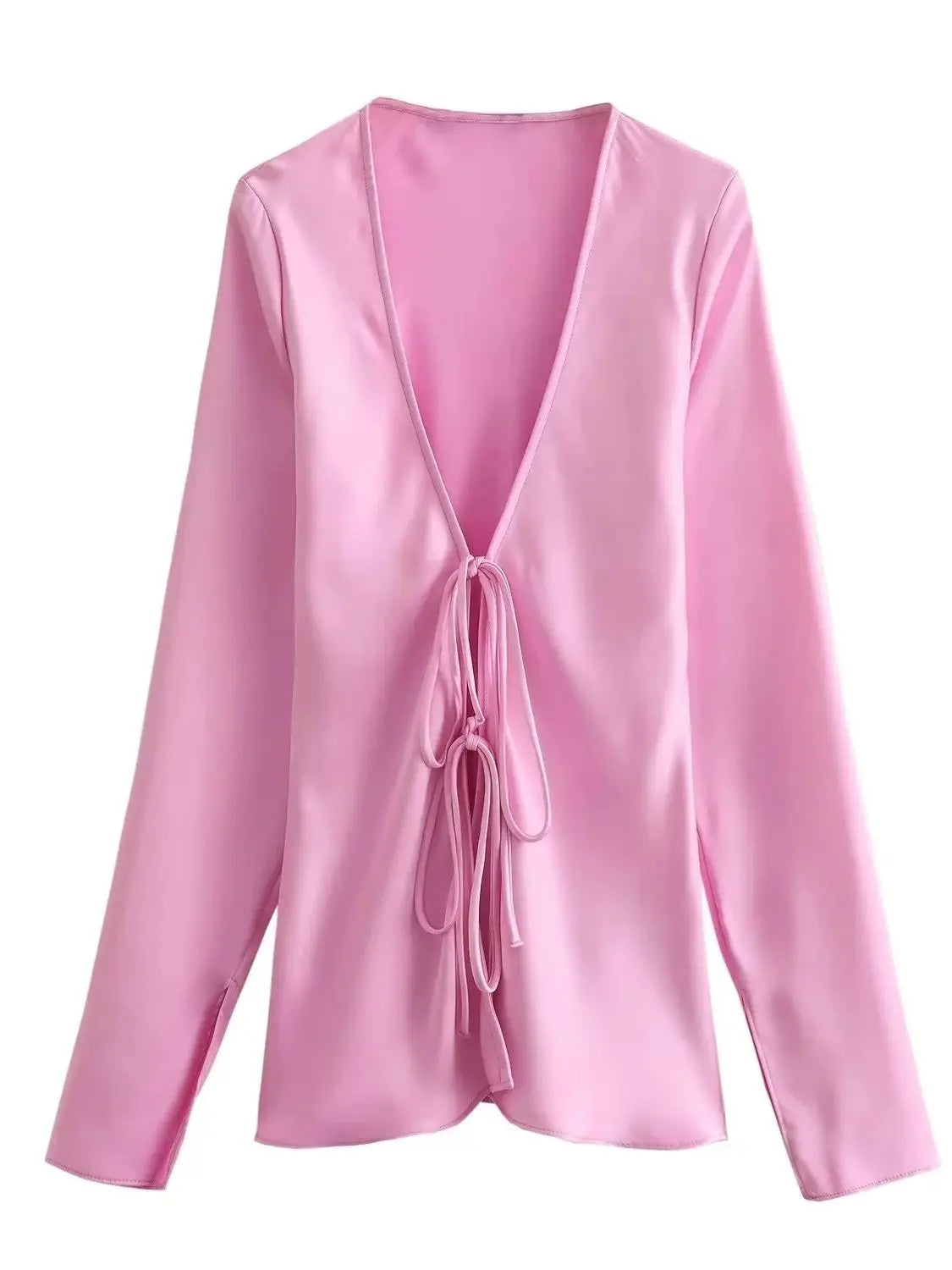 Satin Bow Tie Long Sleeve Blouse