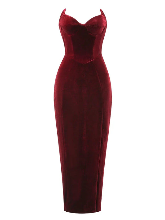 Strapless V Neck Velvet Maxi Dress