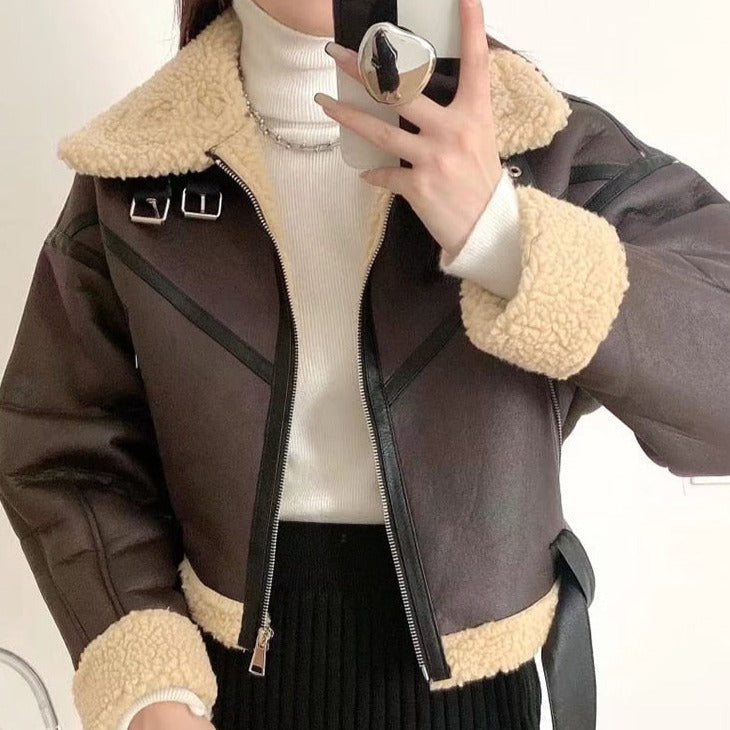 Faux Shearling Collar Crop Jacket Belt Detail