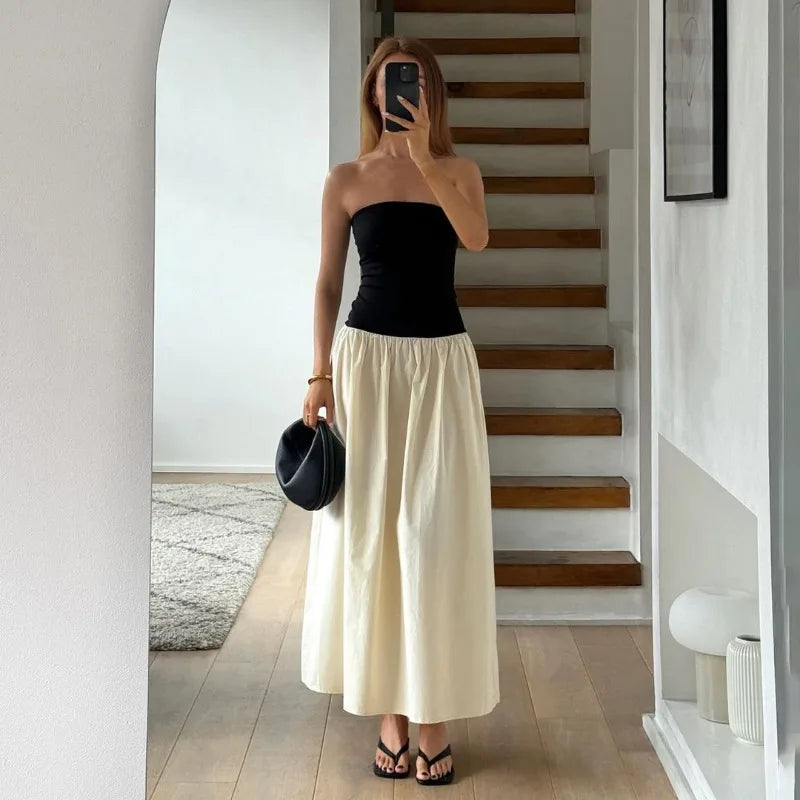 Monochrome Summer Strapless Maxi Dress