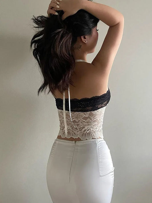 Backless Halter Cropped Lace Bow Lace-up Top